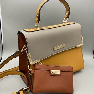 Dune London Tricolor Crossbody & Satchel Bag w/ Coin Purse: Tan & Mustard Yellow